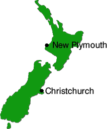 Map of New Zealand showing New Plymouth and Christchurch